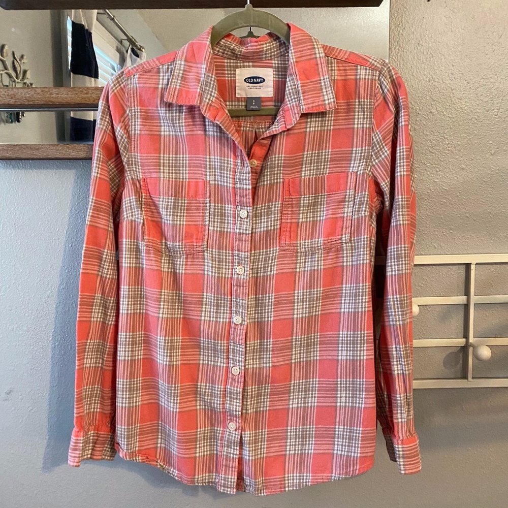 <3/$20> Old Navy Plaid Peach Button-down Shirt